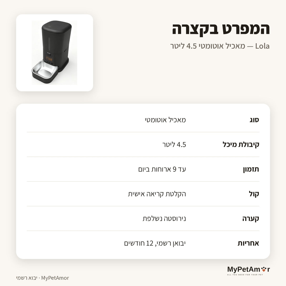 MyPetAmor Lola — המפרט בקצרה