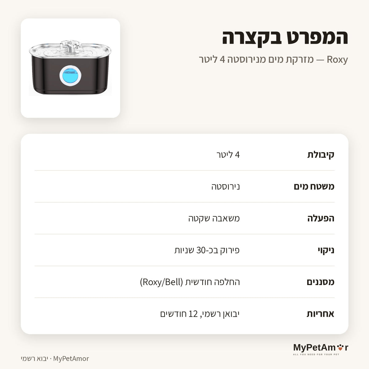 MyPetAmor Roxy — המפרט בקצרה